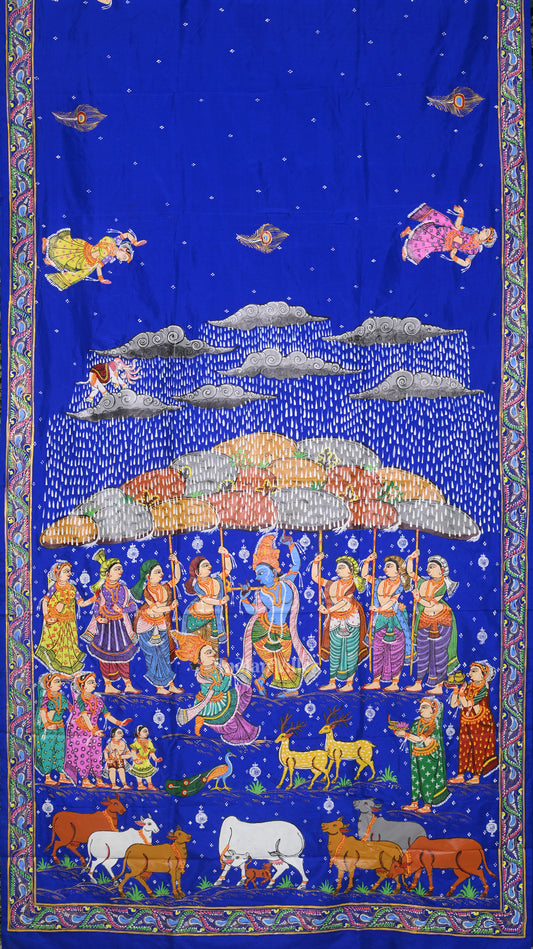 Blue Giri Govardhan Hand-Painted Pattachitra Saree