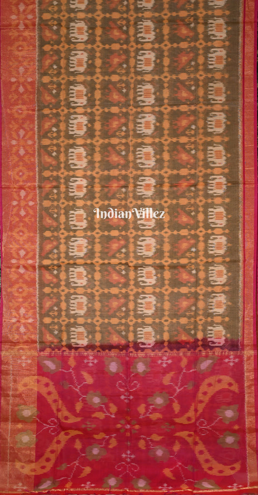 Olive Green Pink Pochampally Ikat (Sico) Saree