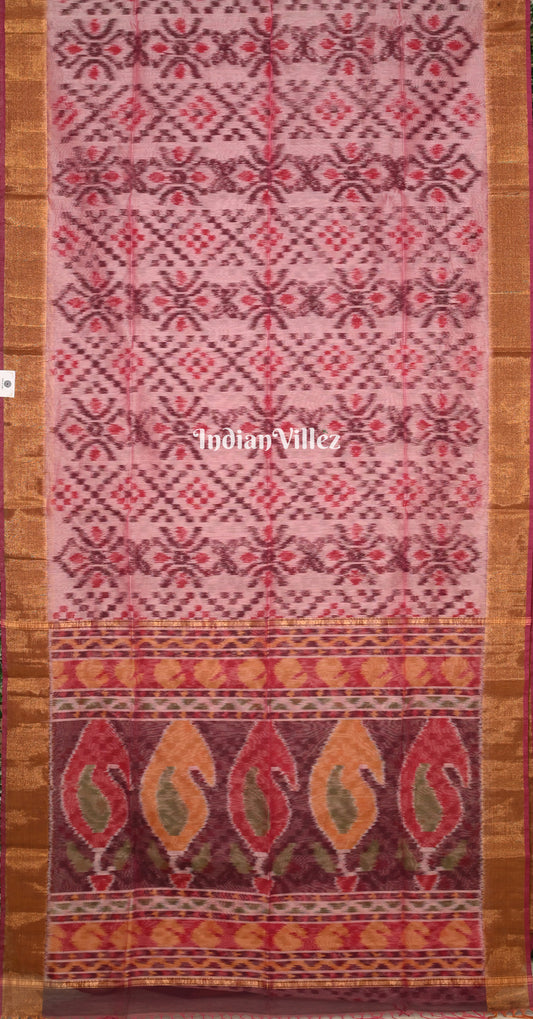 Pink Maroon Pochampally Ikat Silk Cotton (Sico) Saree