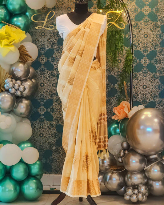 Light Yellow Floral Linen Tissue Saree with Sequence Work