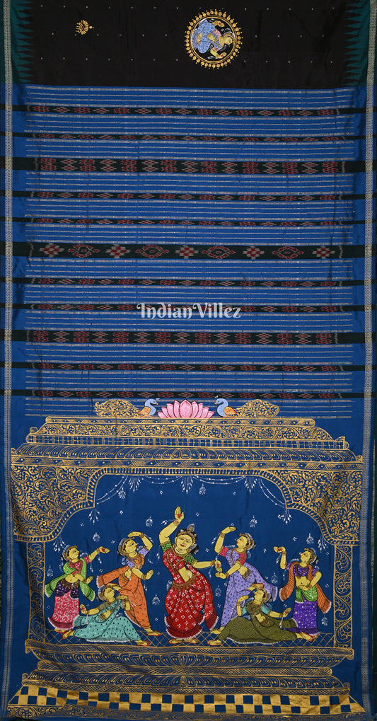 Black Blue Konark Nartaki Theme Hand-Painted Pattachitra Saree