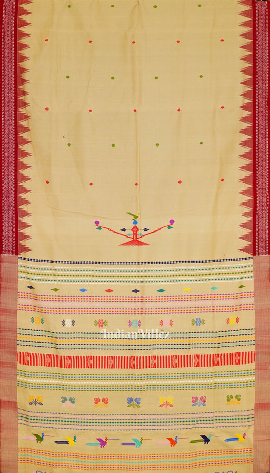 Cream Tribal Theme Natural Dyed Ganjam Bomkai Saree (Revival)