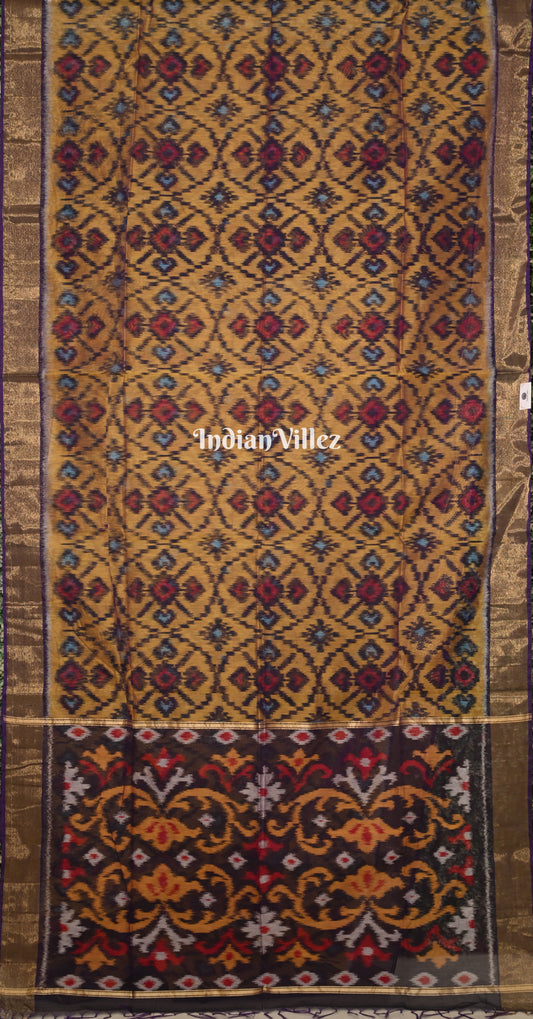 Mustard Yellow Black Green Pochampally Ikat Silk Cotton (Sico) Saree