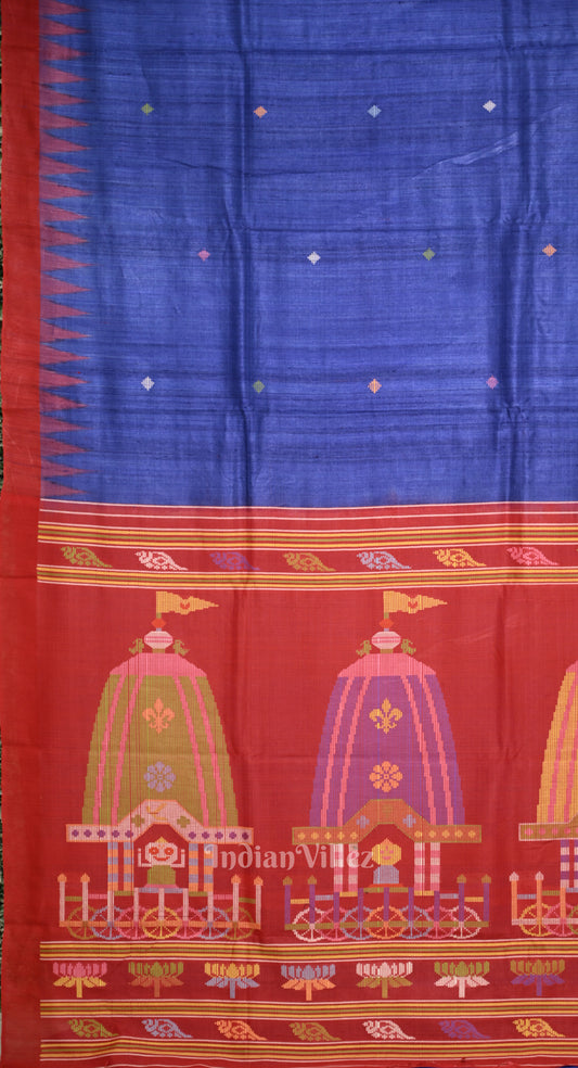 Blue Tussar Silk Saree with Red Shree Jagannath Ratha Yatra Anchal