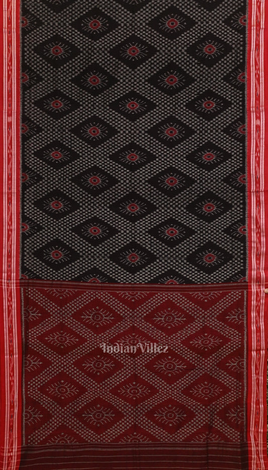 Black with Red Floral Theme Odisha Sambalpuri Pure Cotton Saree