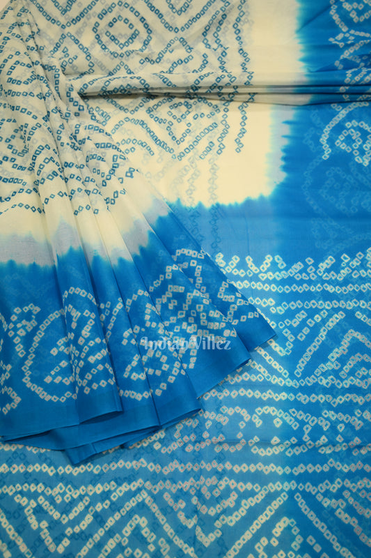 White Blue Pure Georgette Bandhani Saree