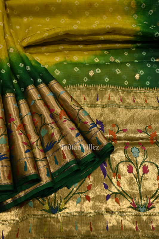 Yellow Green Bandhini Banarasi Kota Saree with Paithani Border