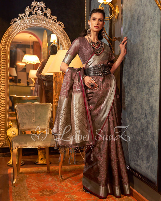 Maroon Two Tone Tissue Organza Weaving Organza Saree
