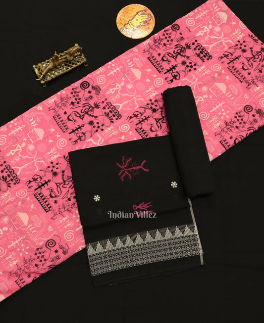 Pink Black Tribal Design Sambalpuri Dress Material & Dupatta