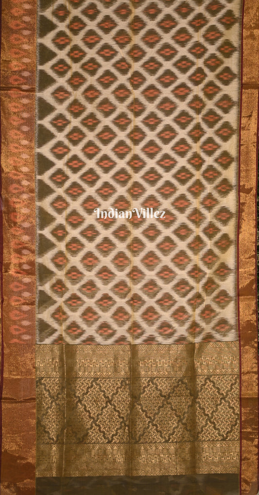 Beige Black Pochampally Ikat (Sico) Saree
