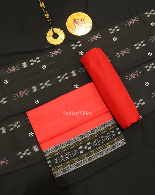 Black Red Flower Buti Odisha Ikat Sambalpuri Dress Set & Dupatta