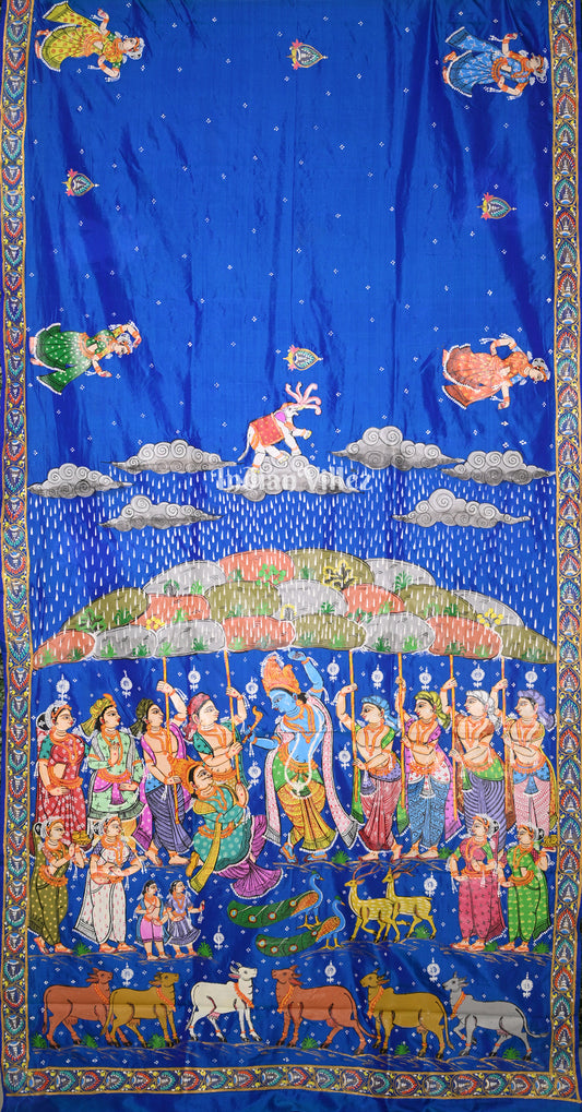 Royal Blue Giri Govardhan Hand-Painted Pattachitra Saree