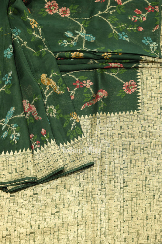 Dark Green Tussar Georgette Banarasi Saree with Tassels