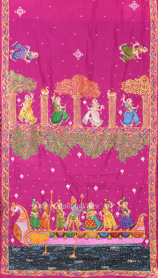 Rani Pink Boita Bandana Theme Hand-Painted Pattachitra Saree