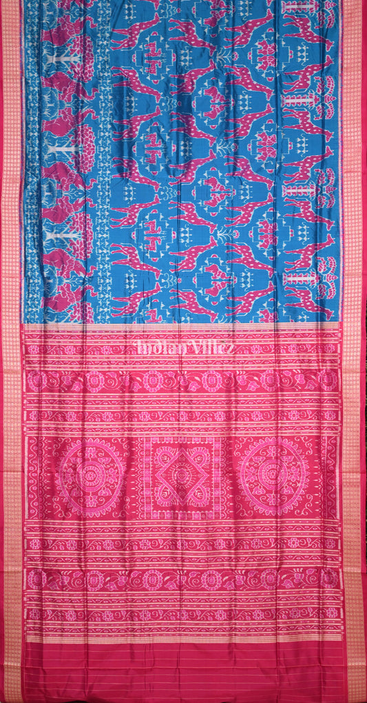 Peacock Blue Rani Pink Deer Theme Odisha Ikat Sambalpuri Silk Saree