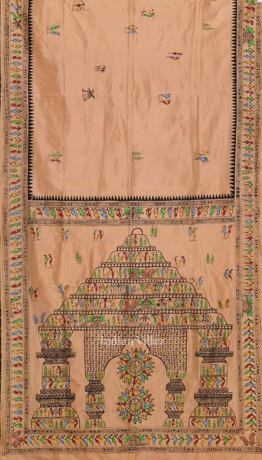 Beige Konark Temple Theme Pattachitra Silk Saree