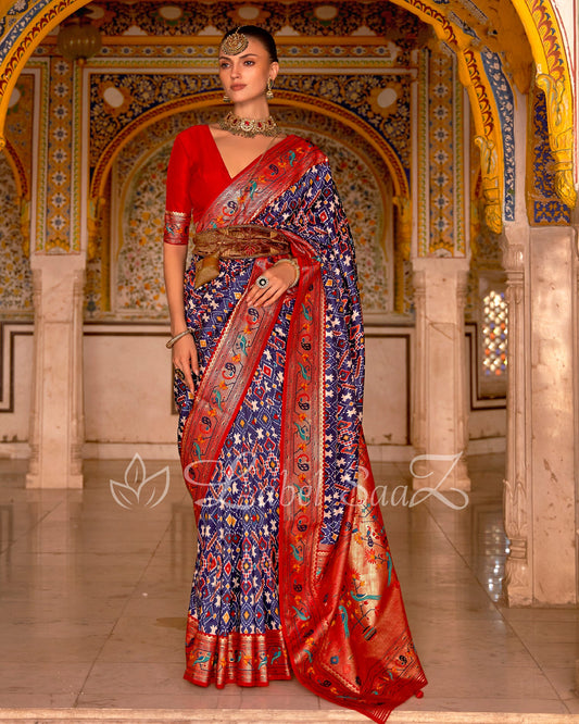 Dark Blue Red Patola inspired Pochampally with Paithani Border and Pallu
