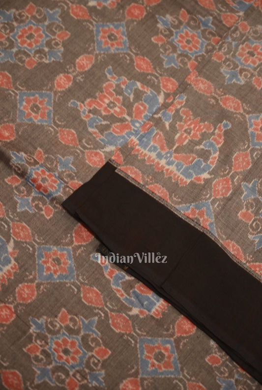 Cement Gray Black Fower Motif Sambalpuri Odisha Ikat Cotton Fabric