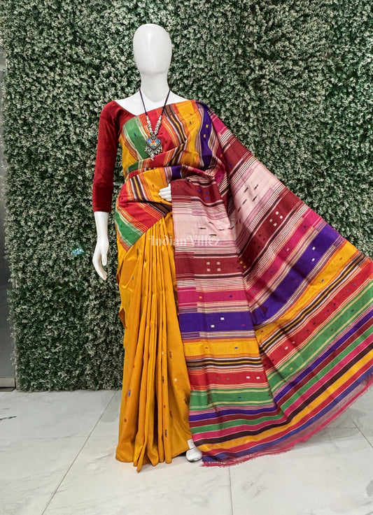 Golden Yellow Fish Motif Double Pallu Contemporary Silk Saree