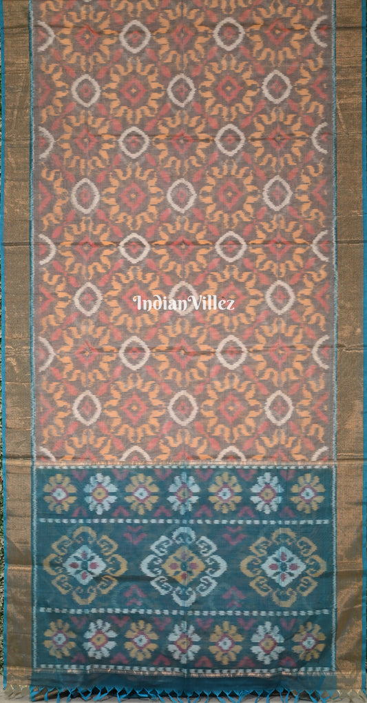 Gery Teal Blue Pochampally Ikat Silk Cotton (Sico) Saree