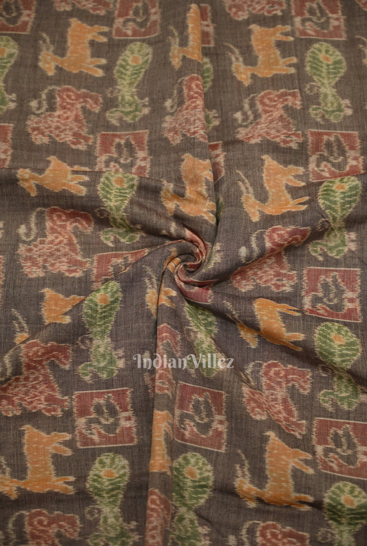 Cement Gray Jungle Theme Sambalpuri Odisha Ikat Cotton Fabric