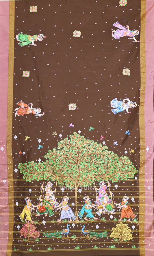 Coffee Brown Radha Krishna Raas Leela Hand-Painted Pattachitra Saree