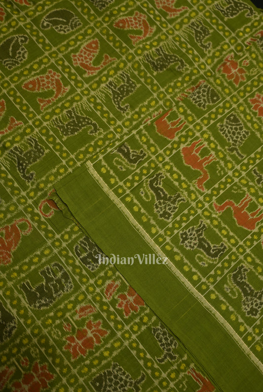 Green Animal Kothi Sambalpuri Ikat Cotton Fabric