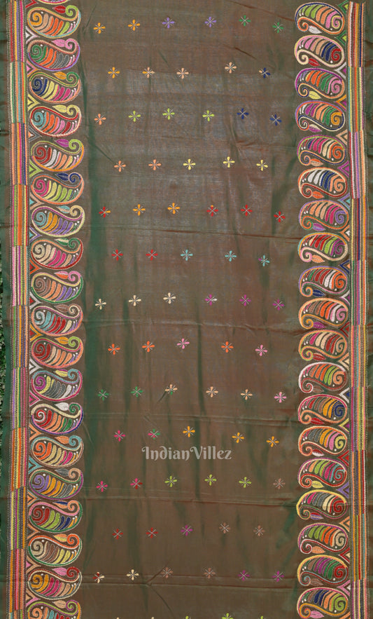 Olive Green Dual Tone Handwoven Kantha Stitch Silk Saree