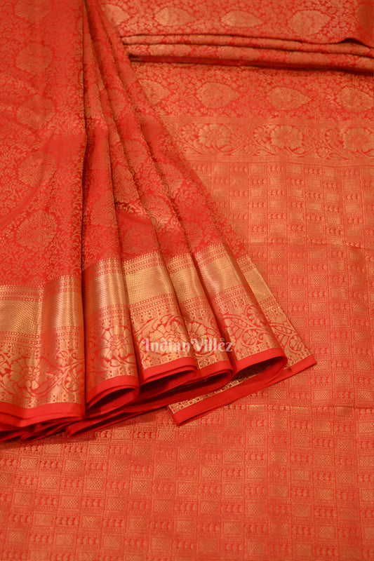 Candy Red pure Kanjivaram Silk Saree with Zari Brocade