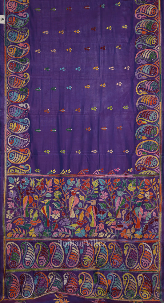 Purple Dual Tone Handwoven Kantha Stitch Silk Saree