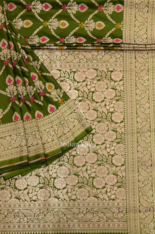 Mehendi Green Meenakari Pure Mashru Satin Silk Banarasi Saree