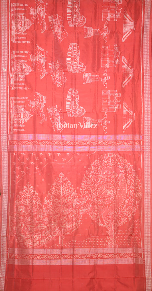 Red Natural Dyed Odisha Ikat Sambalpuri Silk Saree ( 7 Wonders of the World)