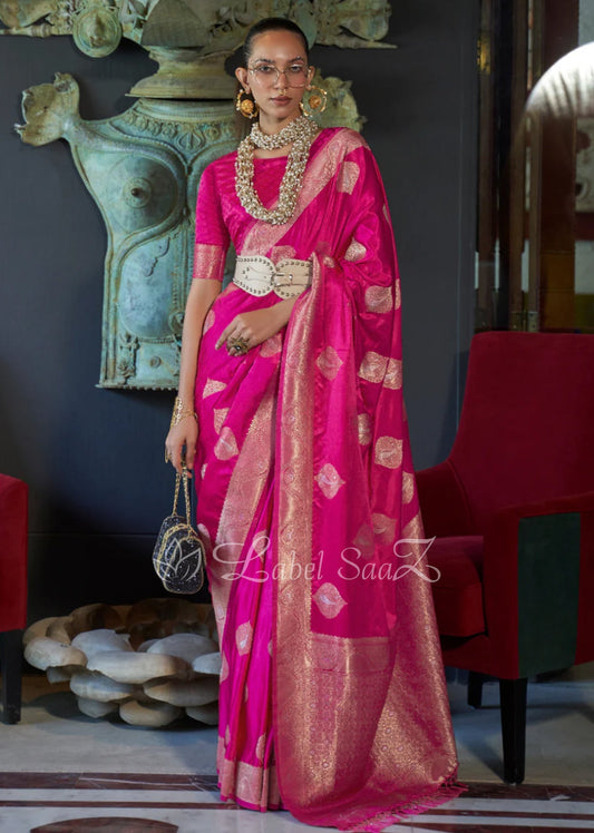 Pink Pure Handwoven Satin Silk Banarasi Saree