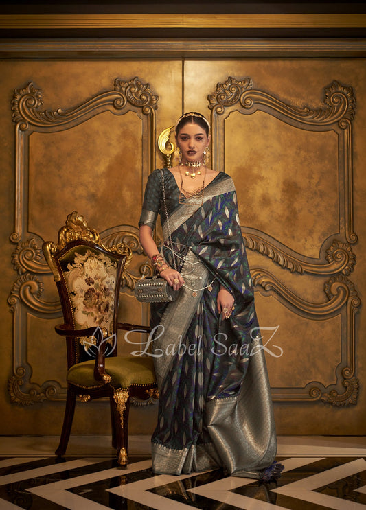 Navy Blue Zari Banarasi Satin Silk Saree
