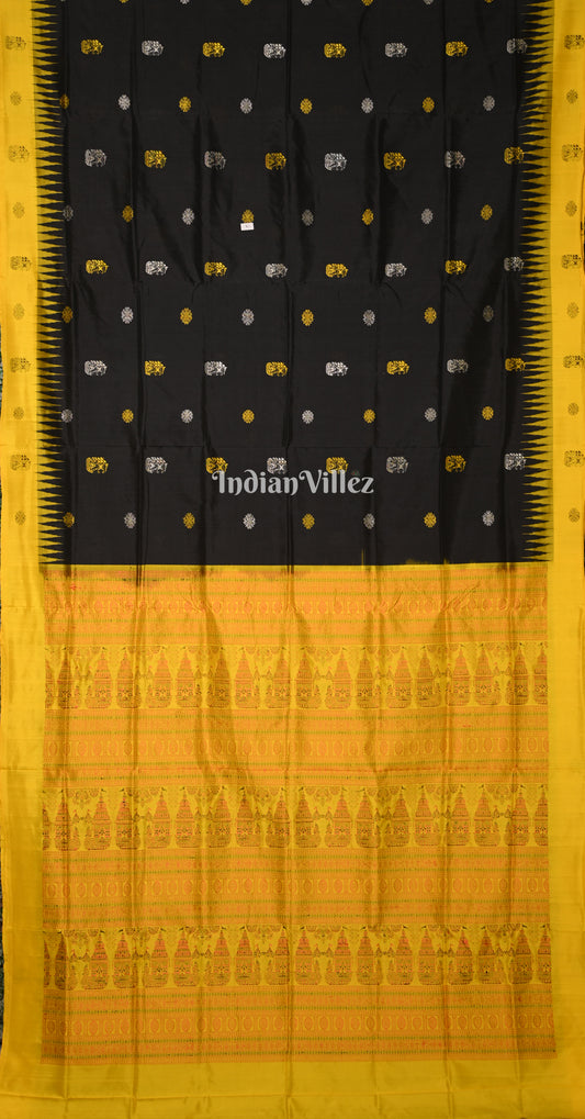 Black Mustard Yellow Boita Theme Odisha Ikat Bomkai Sambalpuri Silk Saree