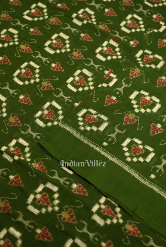 Green Tribal Hearts Pasapali Sambalpuri Ikat Cotton Fabric