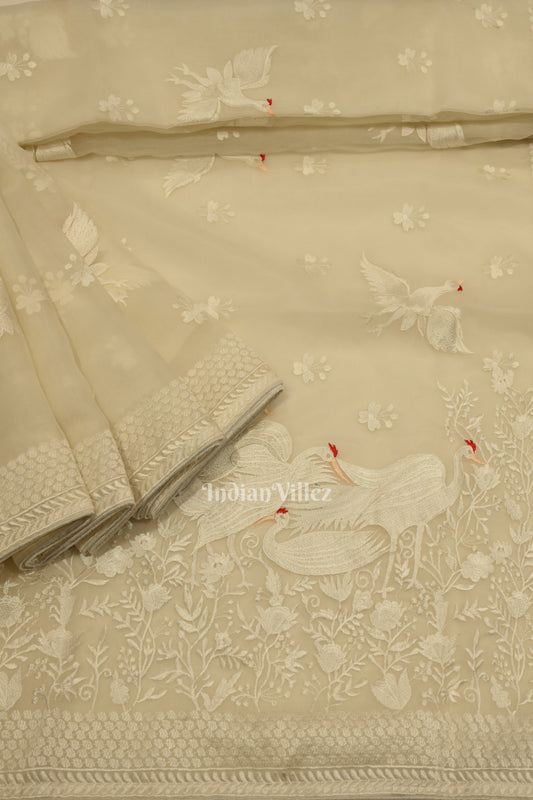 White Parsi Gara Floral Motif Hand Embroidered Saree