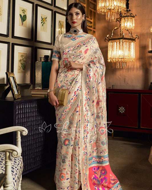 White Kashmiri Modal Handloom Weaving Banarasi Silk Saree