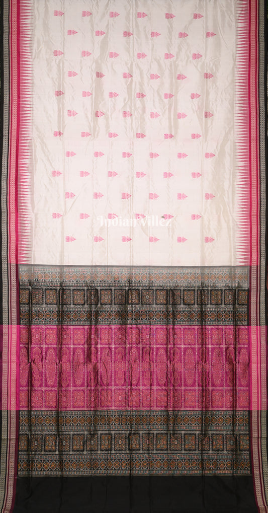 White Magenta Pink Jhumka Motif Odisha Ikat Bomkai Sambalpuri Silk Saree