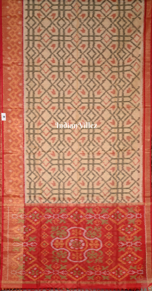 Beige Red Pochampally Ikat Silk Cotton (Sico) Saree