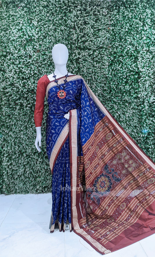 Royal Blue Red Tribal Theme Odisha Ikat Sambalpuri Silk Saree