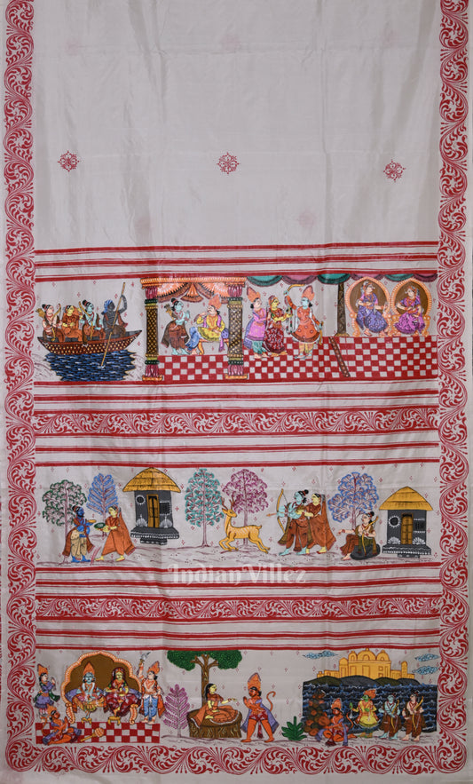 White Red Ramayan Theme Hand-Painted Pattachitra Saree