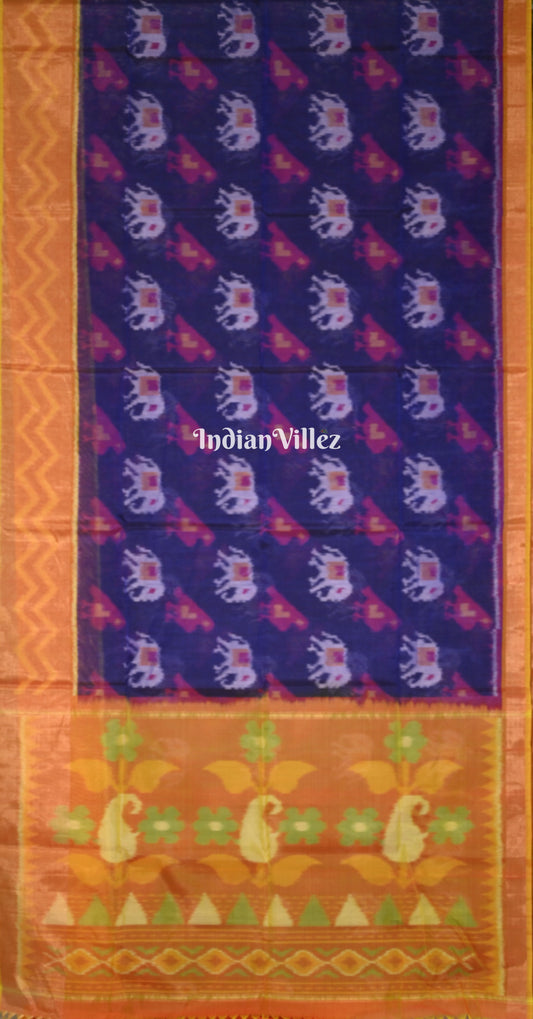 Blue Rust Orange Pochampally Ikat Silk Cotton (Sico) Saree