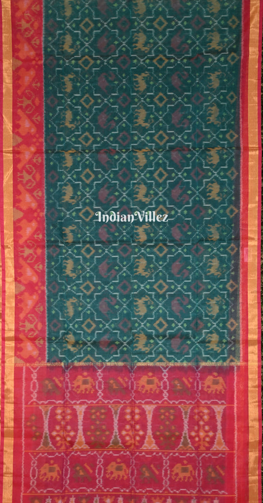 Teal Green Pink Pochampally Ikat Silk Cotton (Sico) Saree