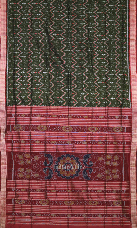 Olive Green Red Tribal Theme Odisha Ikat Sambalpuri Silk Saree