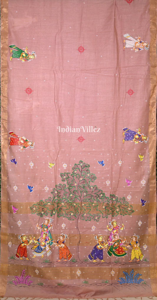 Baby Pink Raja Doli Theme Hand-Painted Pattachitra Saree