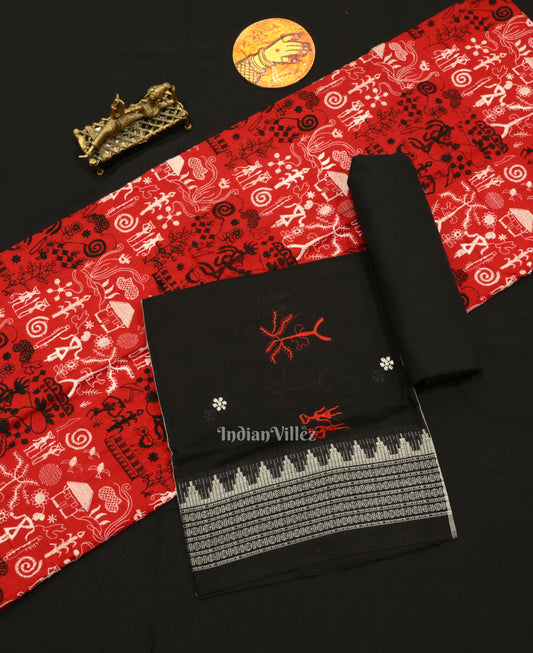 Red Black Tribal Design Sambalpuri Cotton Dress set with Dupatta