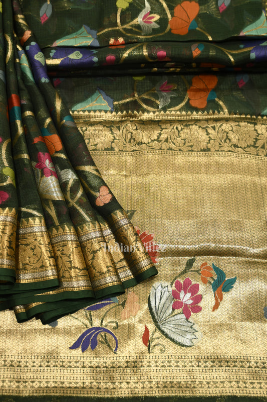 Bottle Green Pure Jamdani Banarasi Kota Saree