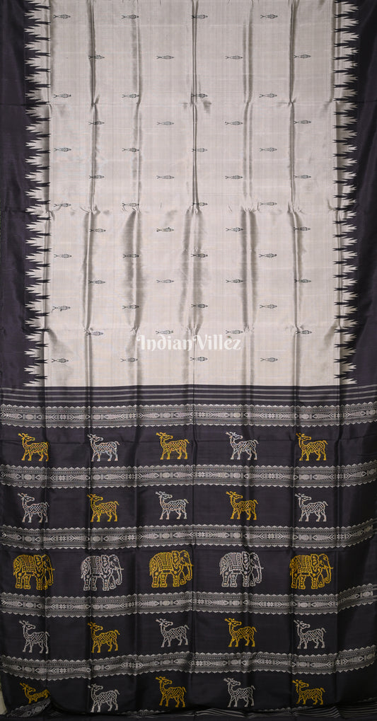 Grey Black Fish Motif Double Pallu Berhampuri Silk Saree