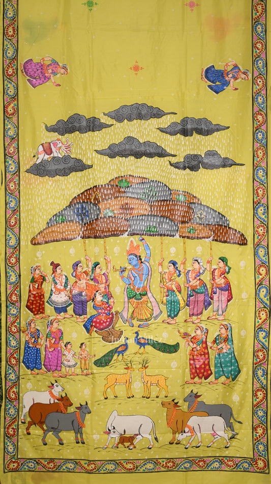 Yellow Giri Govardhan Hand-Painted Pattachitra Saree